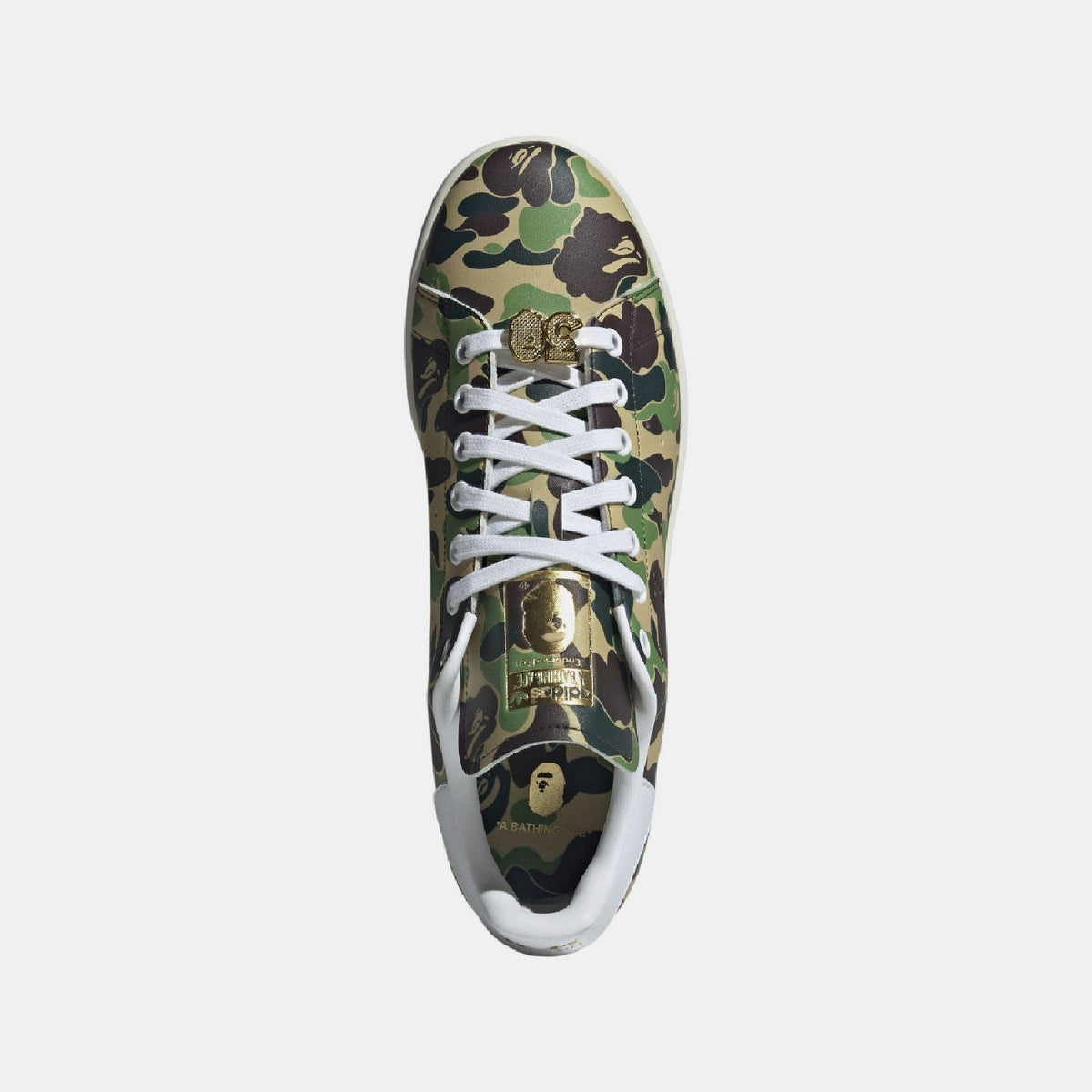 adidas Originals Bape Stan Smith shoes, white and green sneakers with Bape camo accents, classic Adidas design and branding