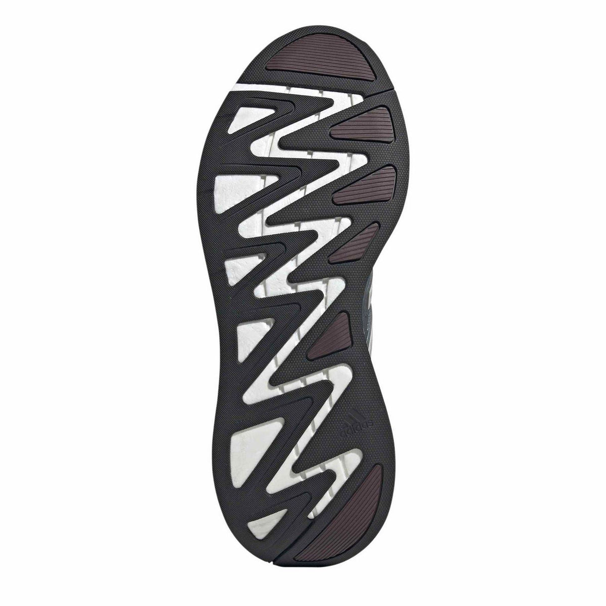 Black rubber outsole with zigzag tread pattern and maroon side accents