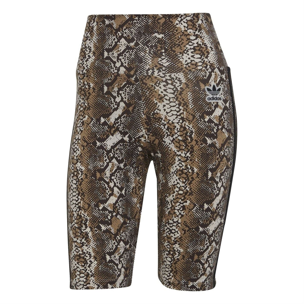 adidas Originals slim-fit athletic shorts with brown/cream snake print and adidas logo