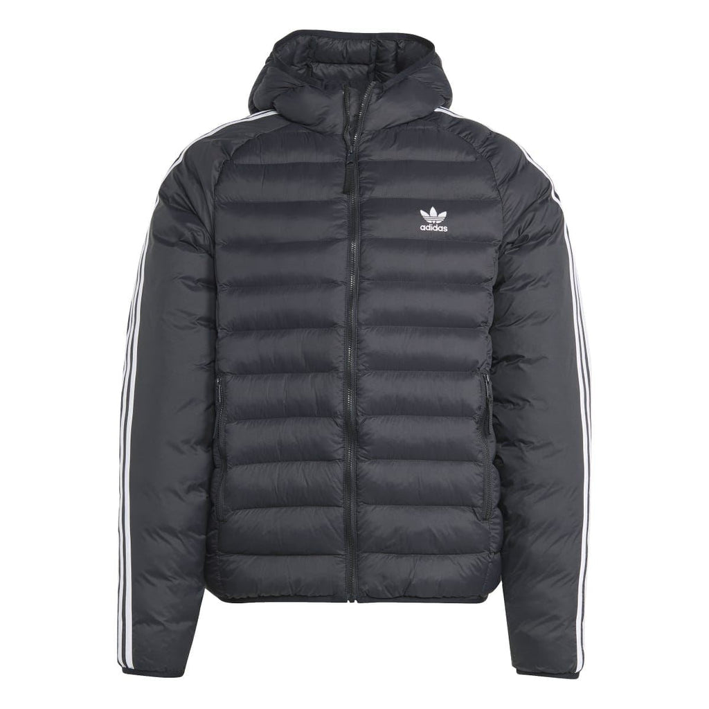 Black hooded puffer jacket with adidas logo, full zip, and white triple side stripes