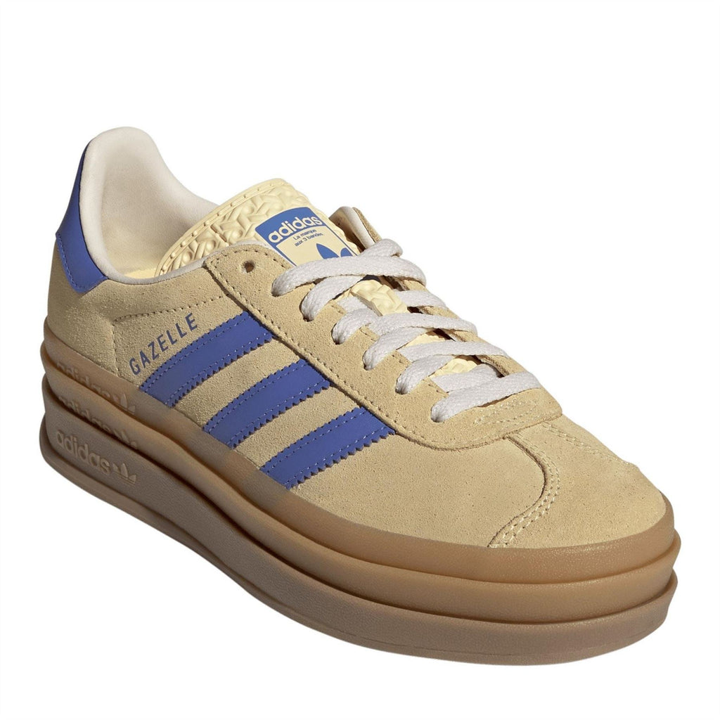 Beige suede Gazelle Bold sneakers with blue stripe detailing and white laces