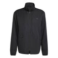 Black hooded windbreaker jacket with full-zip front and small chest logo