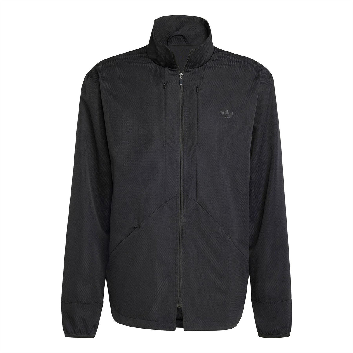 Black hooded windbreaker jacket with full-zip front and small chest logo