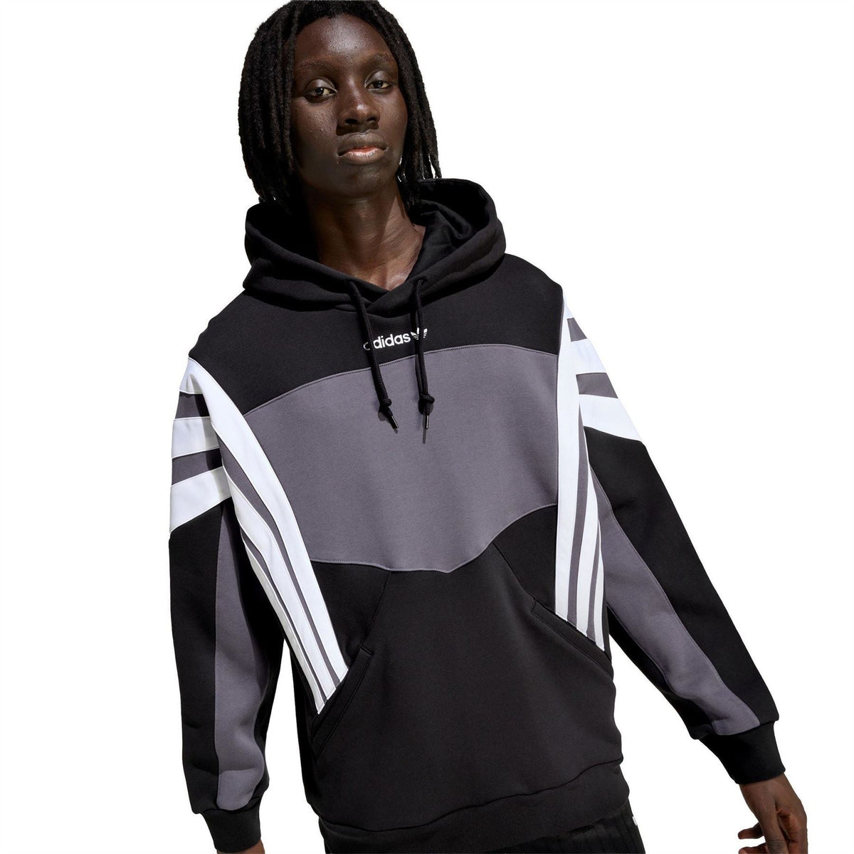 Black hoodie with grey chest stripe, white sleeve stripes, front pocket, drawstring hood