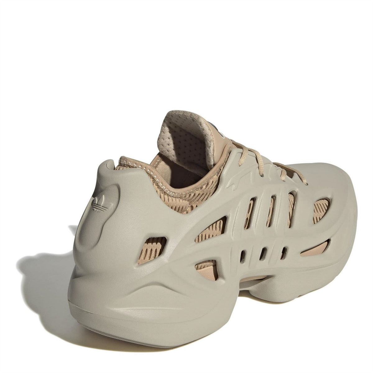 Beige adidas Adifom low-top sneakers, heel and rear view with cushioned sole