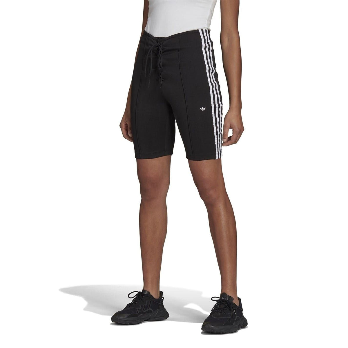 Black athletic shorts with white side stripes, drawstring waist, and Adidas logo