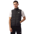 Black padded puffer vest with stand-up collar, full-length zipper, and adidas logo