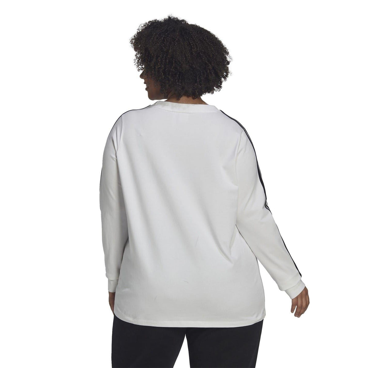 adidas Originals 3 Stripe Long Sleeve Top, black casual top with iconic three stripes on sleeves and logo, front view.