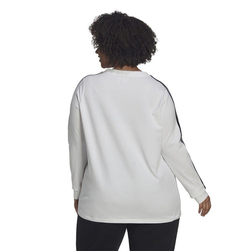 adidas Originals 3 Stripe Long Sleeve Top, black casual top with iconic three stripes on sleeves and logo, front view.
