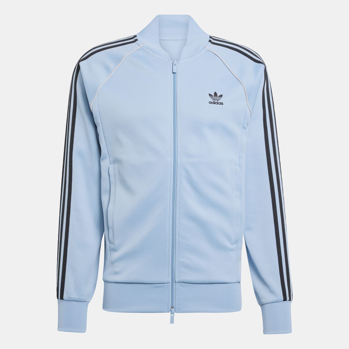 adidas Originals Adicolor Classic SST track jacket in navy with white stripes, front zipper, and ribbed cuffs and collar.