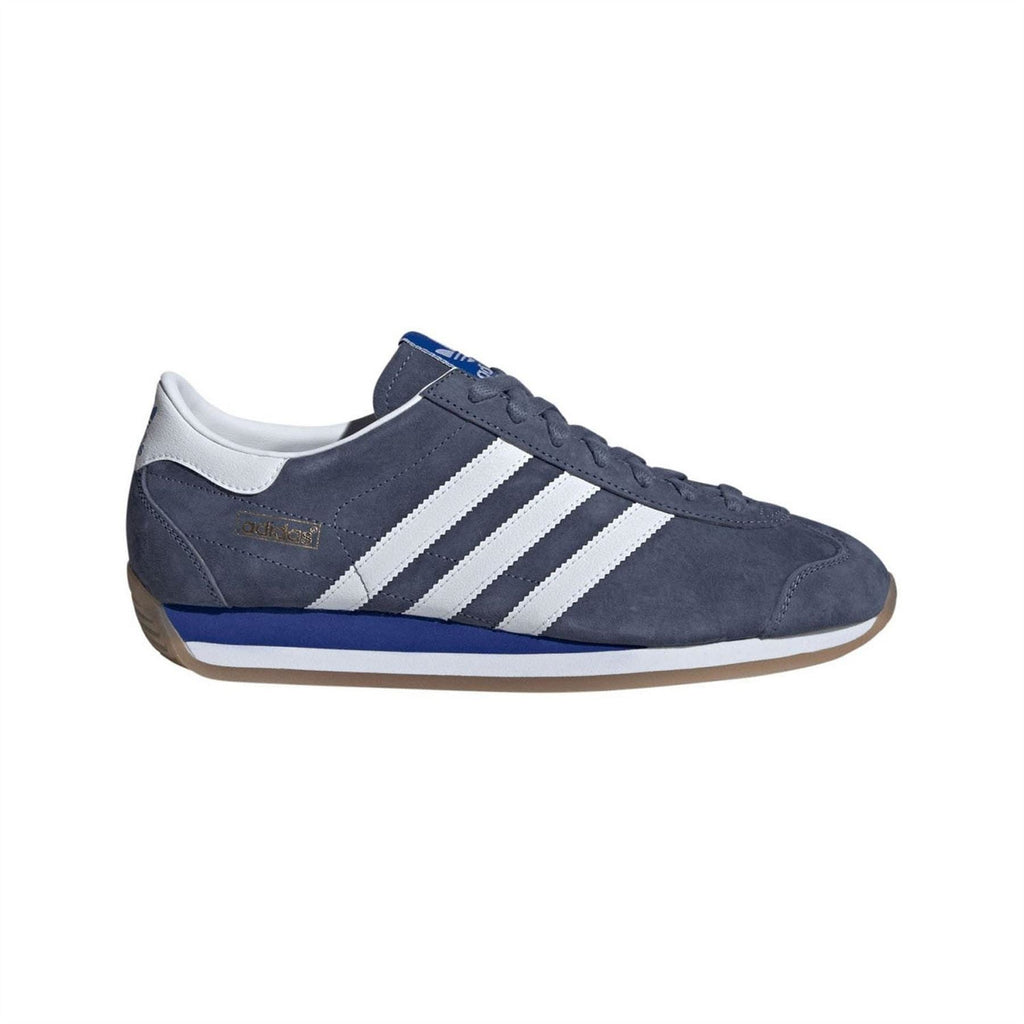 Navy adidas Originals Japan trainers, suede upper with white triple stripes and blue sole