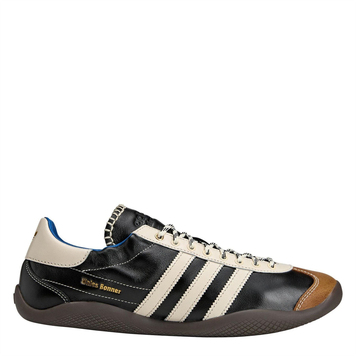 adidas Originals Wales Bonner Karintha shoes in black with white stripes, tan panels, blue lining
