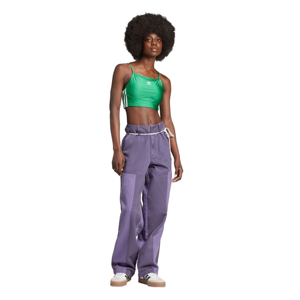 Purple patchwork straight-leg jeans with elastic waist and drawstring ties.