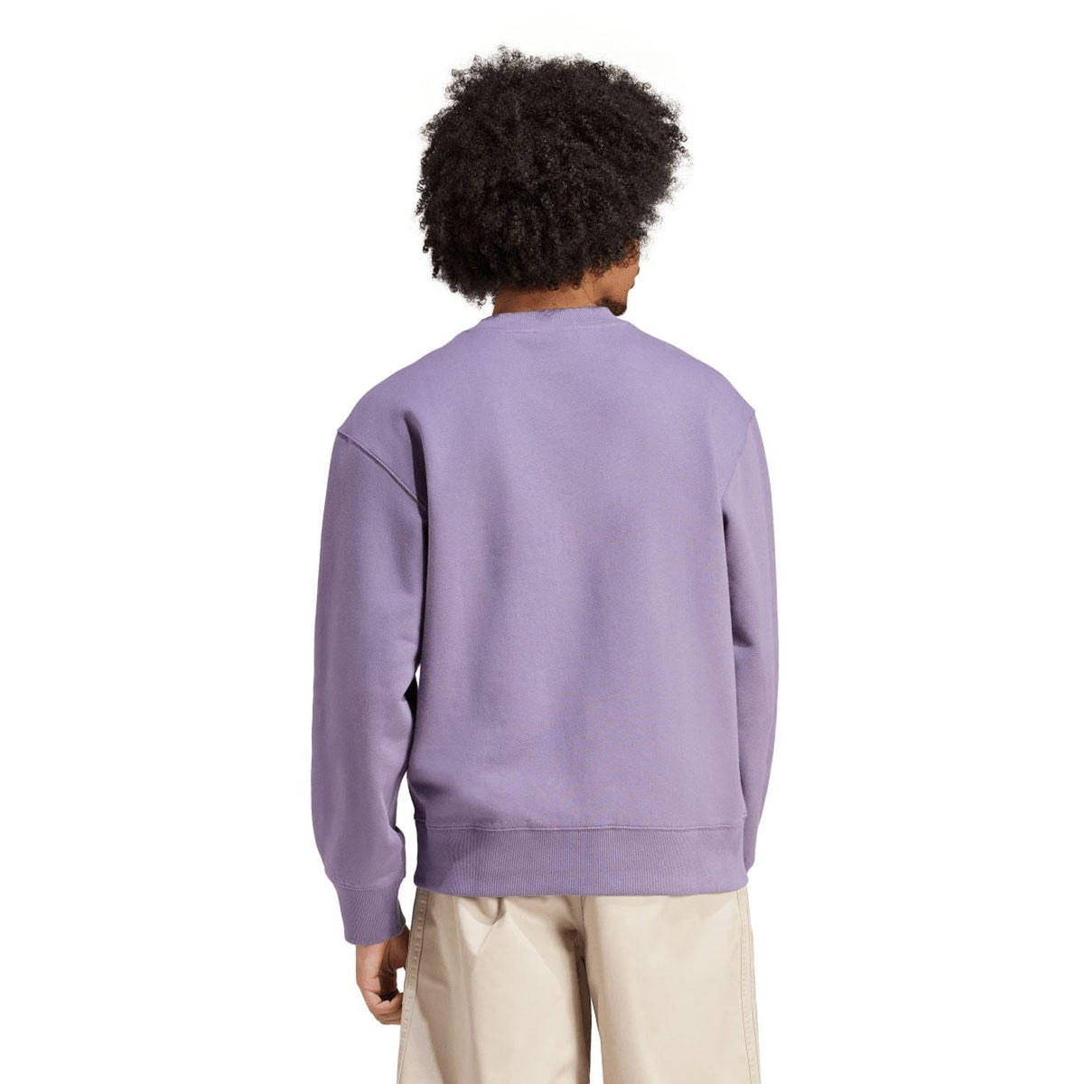 adidas Originals violet crewneck sweatshirt, back view with ribbed hem and cuffs