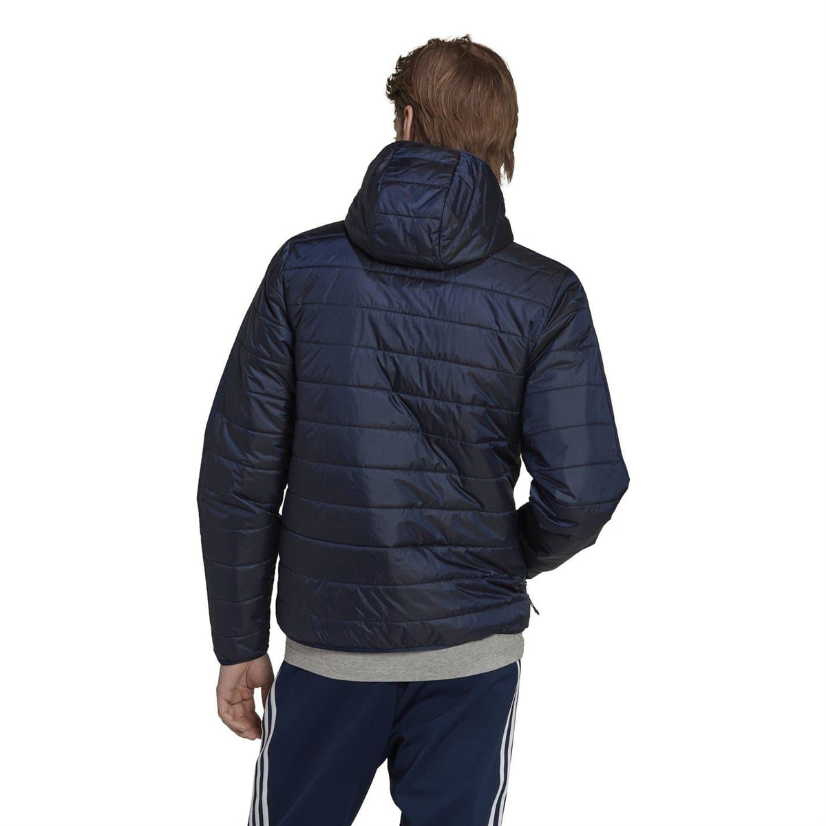 adidas hooded padded jacket in dark navy, back view with hood and quilted panels