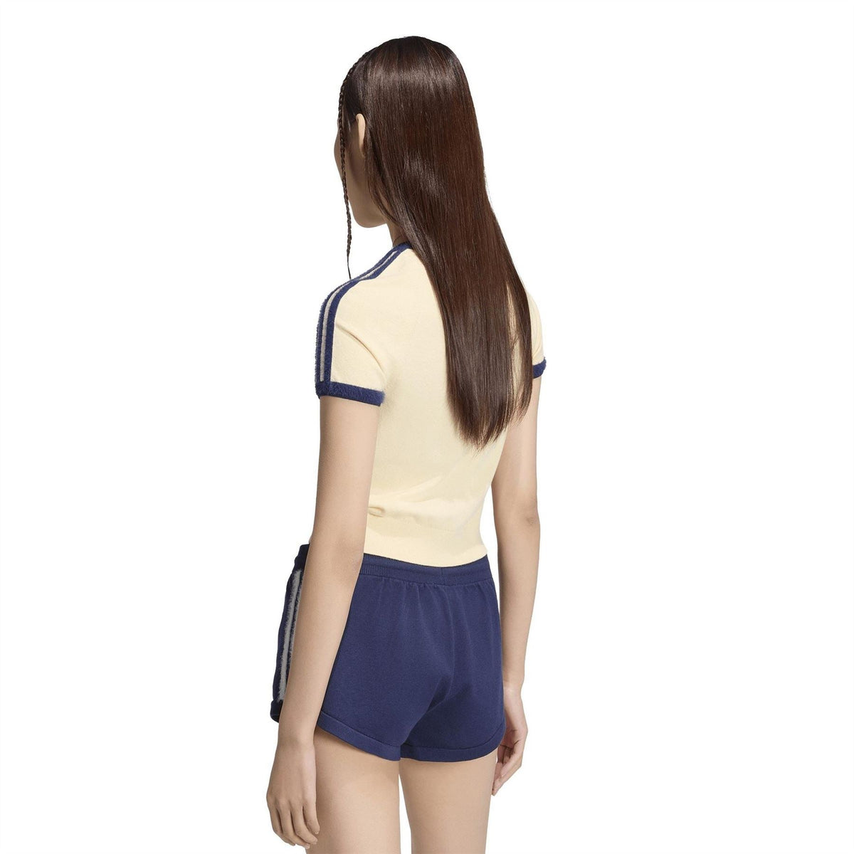 Adidas Originals knit tee back view, vanilla knit with navy shoulder and sleeve stripes
