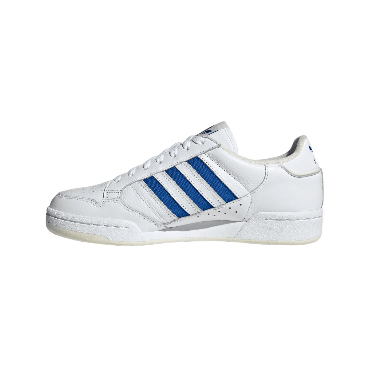 White adidas Continental 80 trainers, front side view with blue three-stripe panel