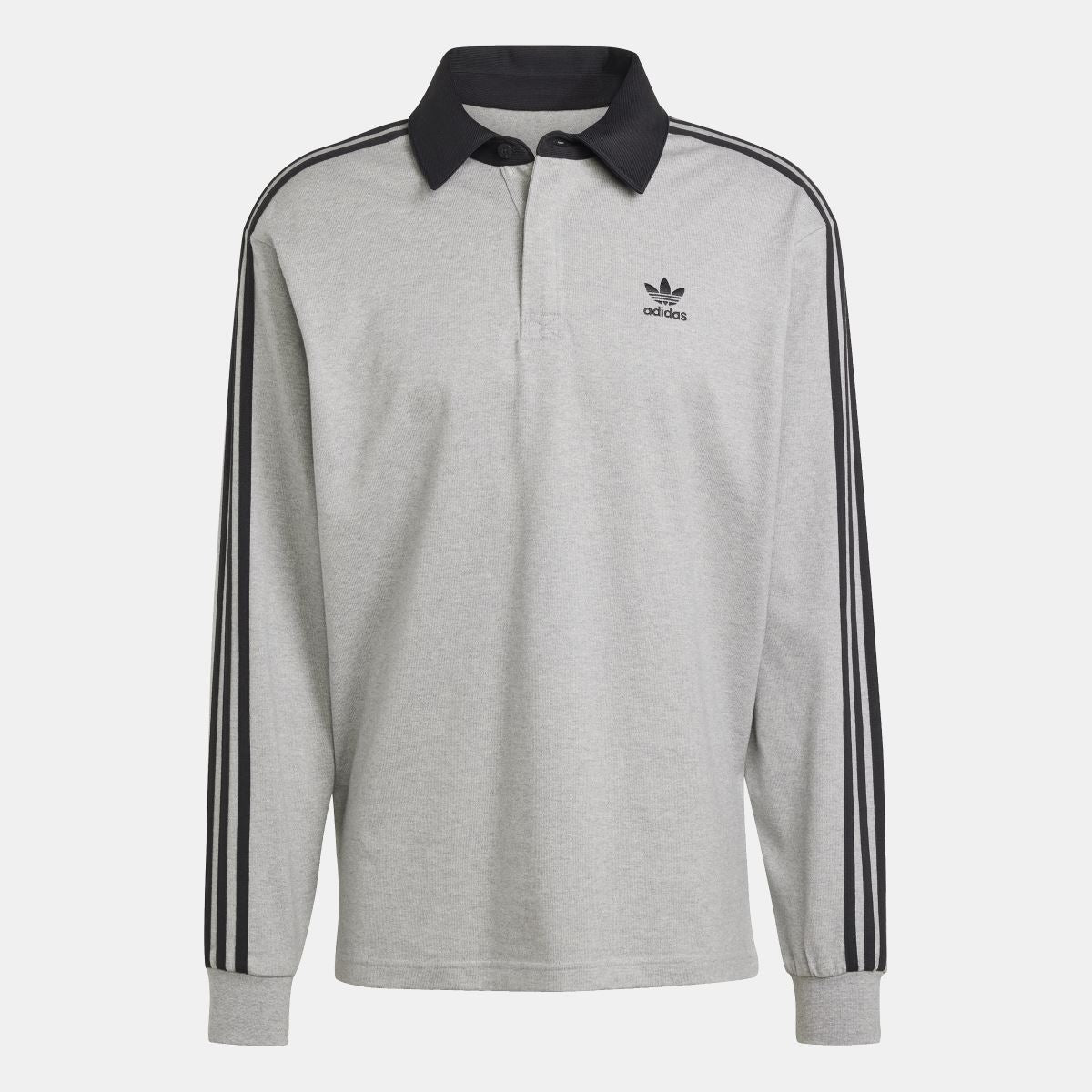 Grey long-sleeve rugby polo shirt with black collar, adidas chest logo, and sleeve stripes
