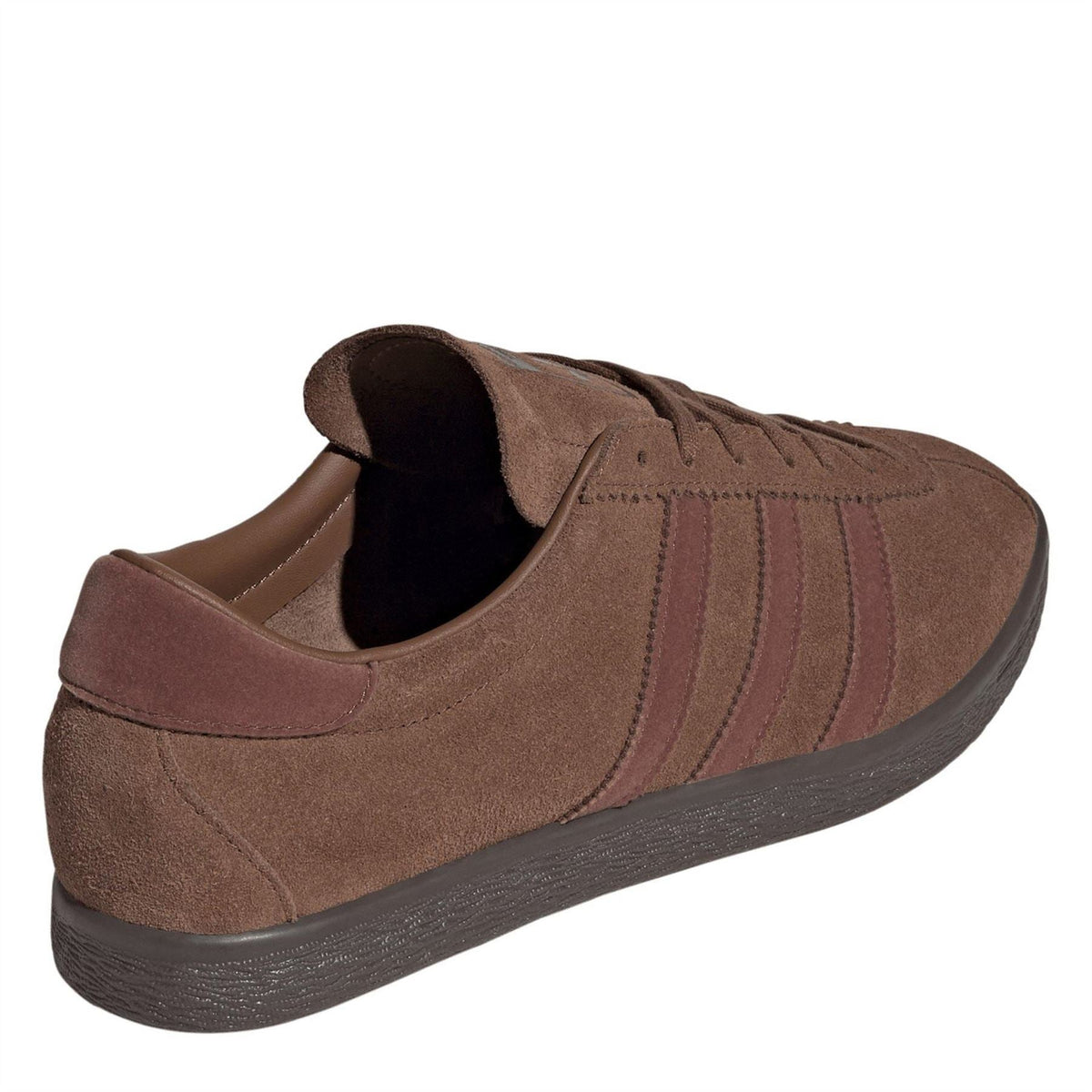 Brown adidas Originals trainer with suede lining and lace-up, rear side detail