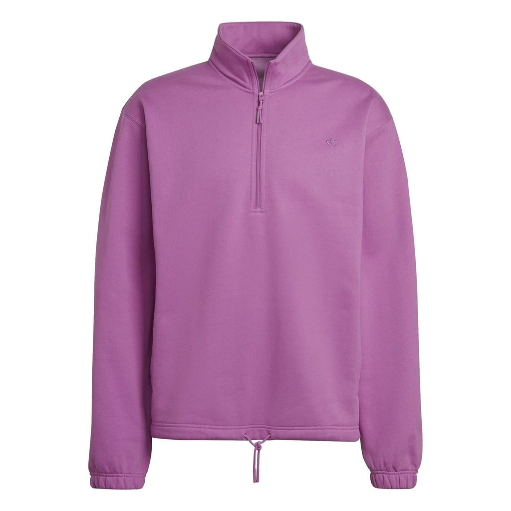 Purple half-zip crew sweatshirt with stand collar and zip front placket.