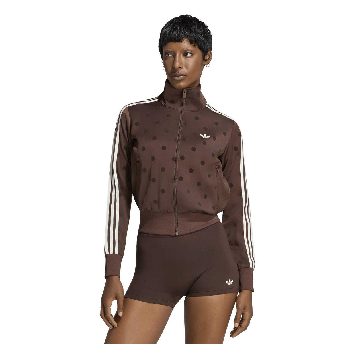 adidas Originals hooded polka-dot track jacket, auburn brown front view