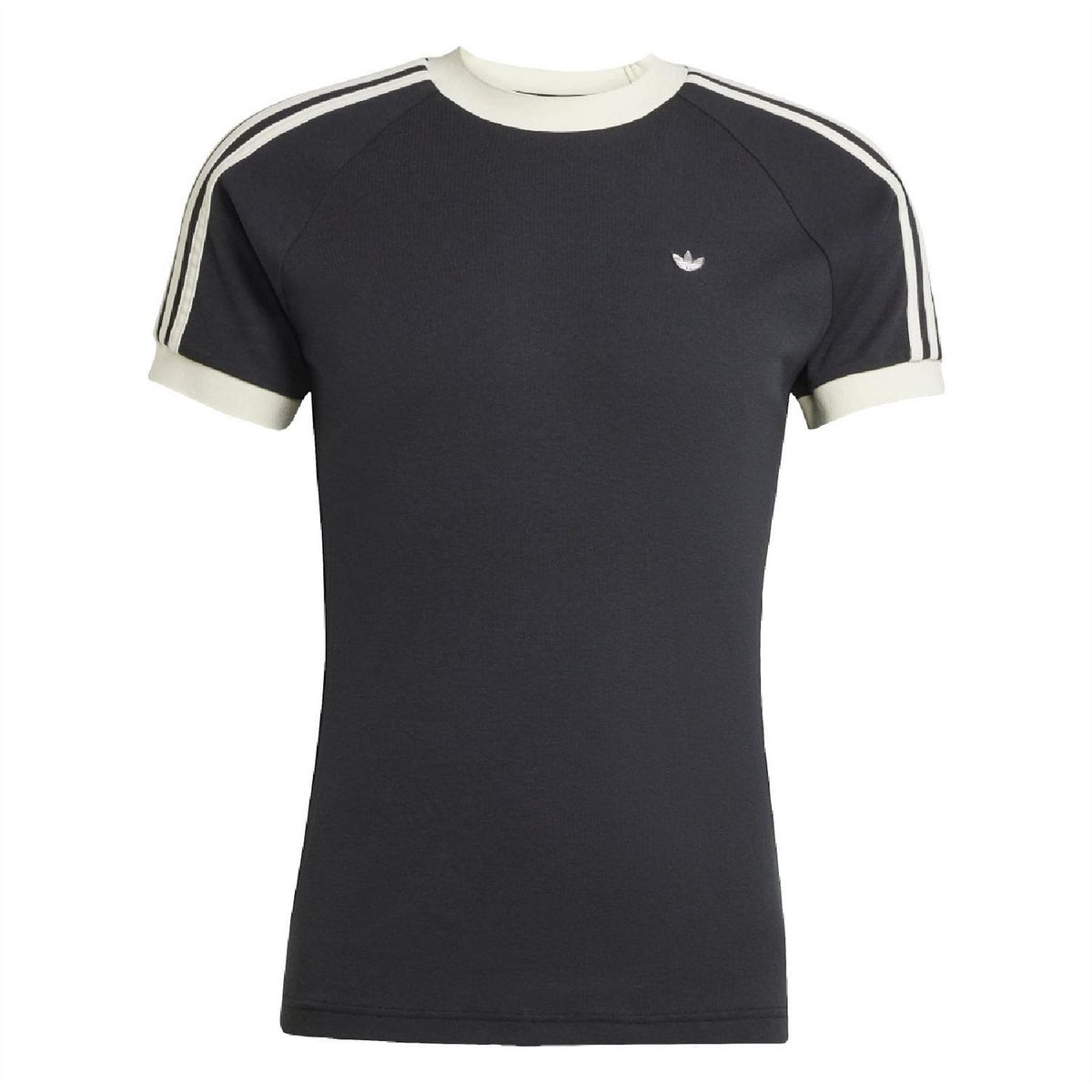 Black adidas Originals T-shirt with white-striped raglan sleeves and small trefoil logo