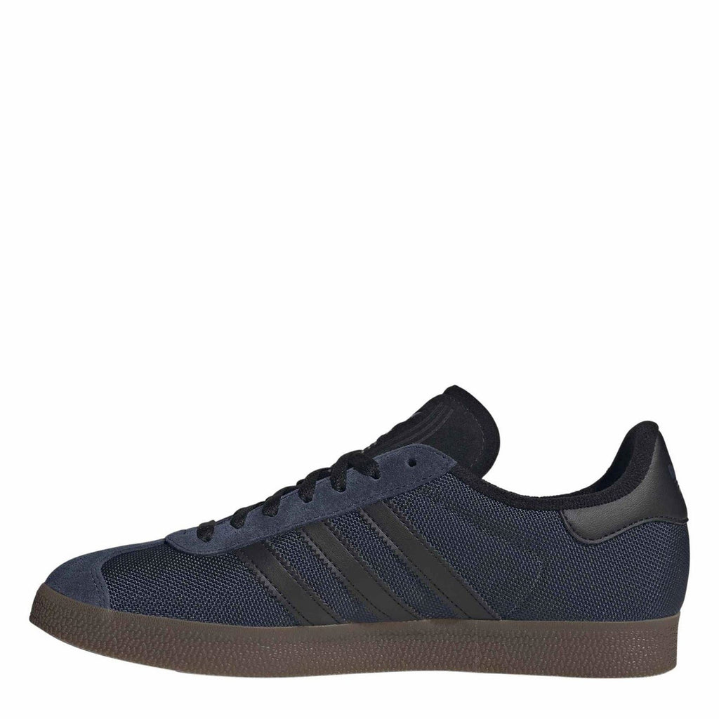 Gazelle OG lace-up sneakers with navy/black mesh uppers, three stripes, and brown gum sole