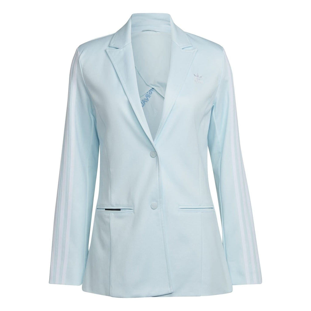 Light blue relaxed fit collared blazer jacket with button front and flap pockets