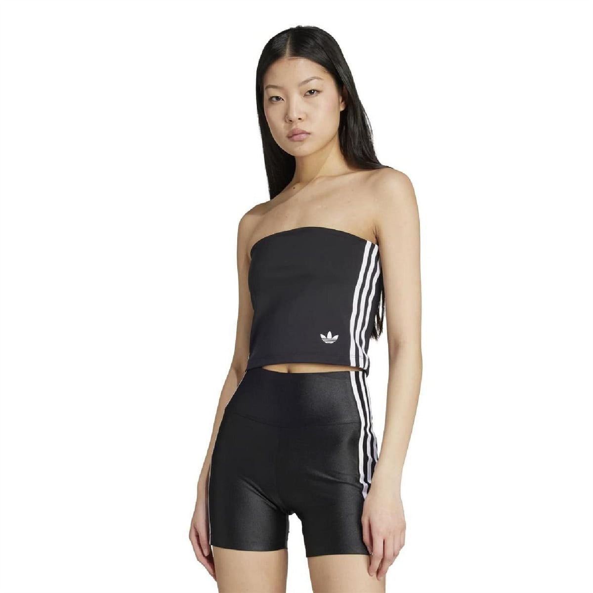 Women’s black strapless tube top with white 3-stripe side detail and adidas Trefoil logo