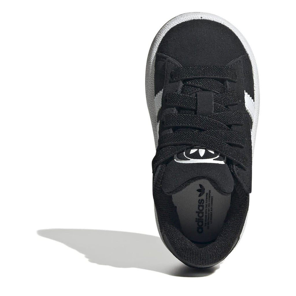 Black low-top lace-up sneaker with visible tongue lining and adidas logo inside.