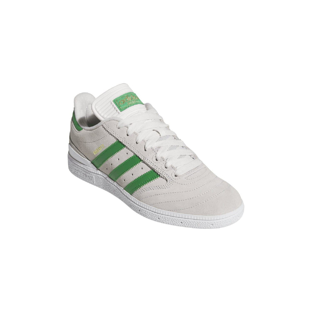 White trainers with green triple stripe detail, white laces, and cup sole.