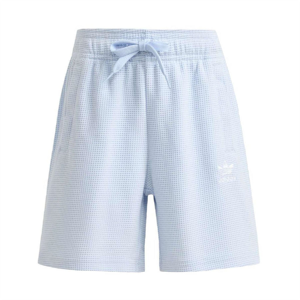 Juniors light blue loose shorts with elastic waistband and drawstring, small logo.