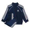 Infants navy adidas tracksuit with zip hoodie and joggers, 3-Stripes, logo.