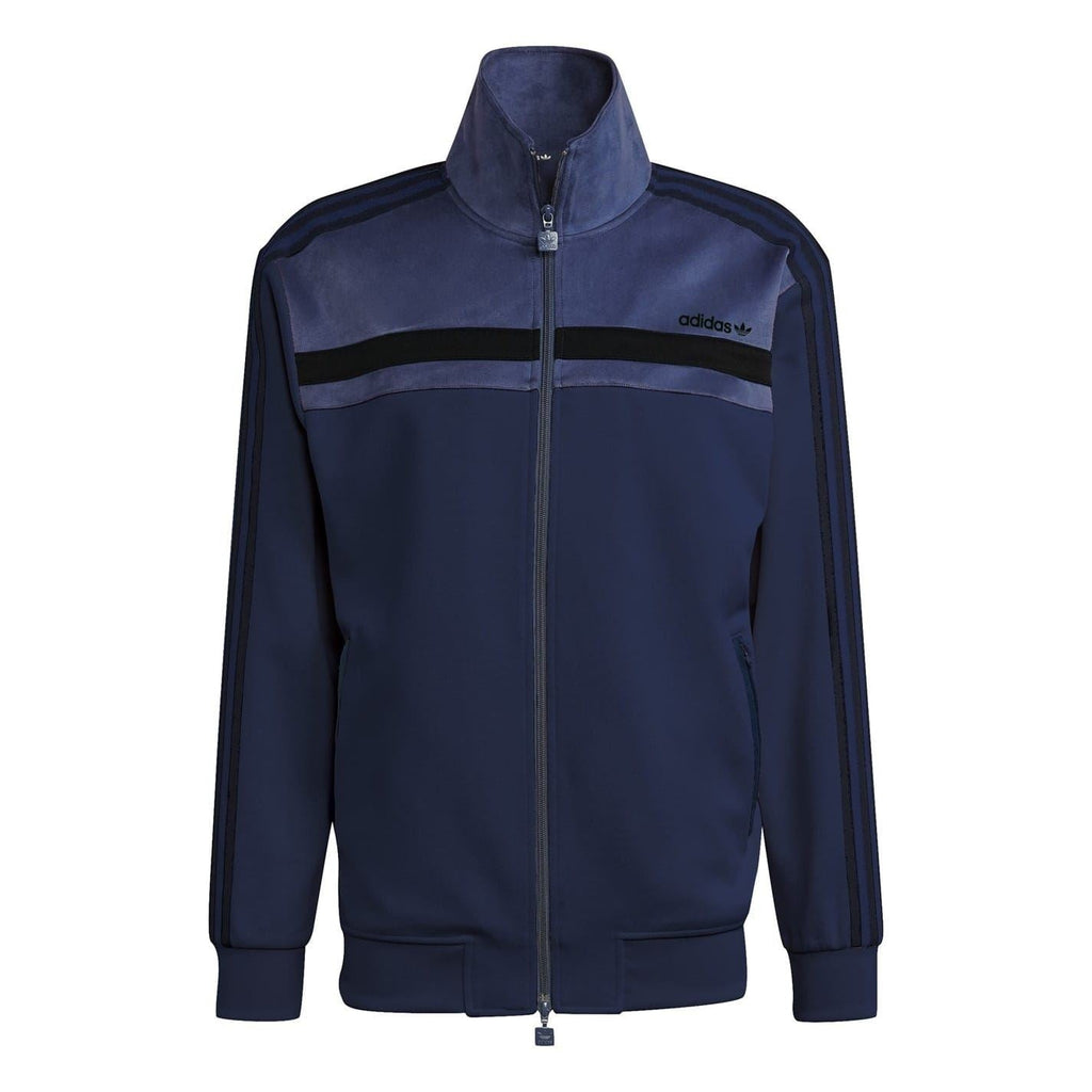Navy Adidas Originals funnel neck athletic top with full-zip front and striped sleeves