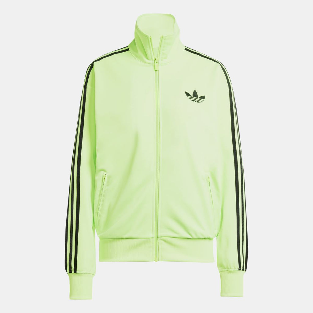 Lime green zip-up track top with black side stripes and trefoil logo