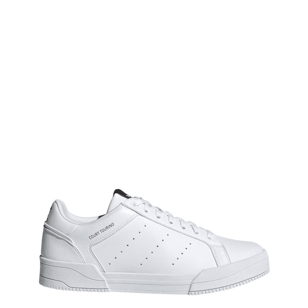 White adidas Originals Court Tourino trainers, side view with perforated detailing and rubber sole.