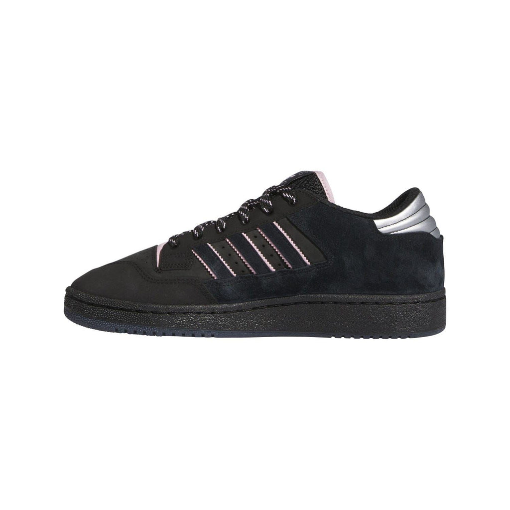 Black low-top lace-up trainers with pink lining and side stripe detailing