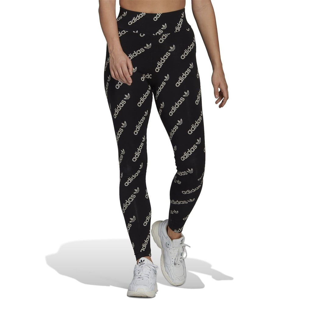 Black leggings with scattered adidas logo print and ankle-length slim fit