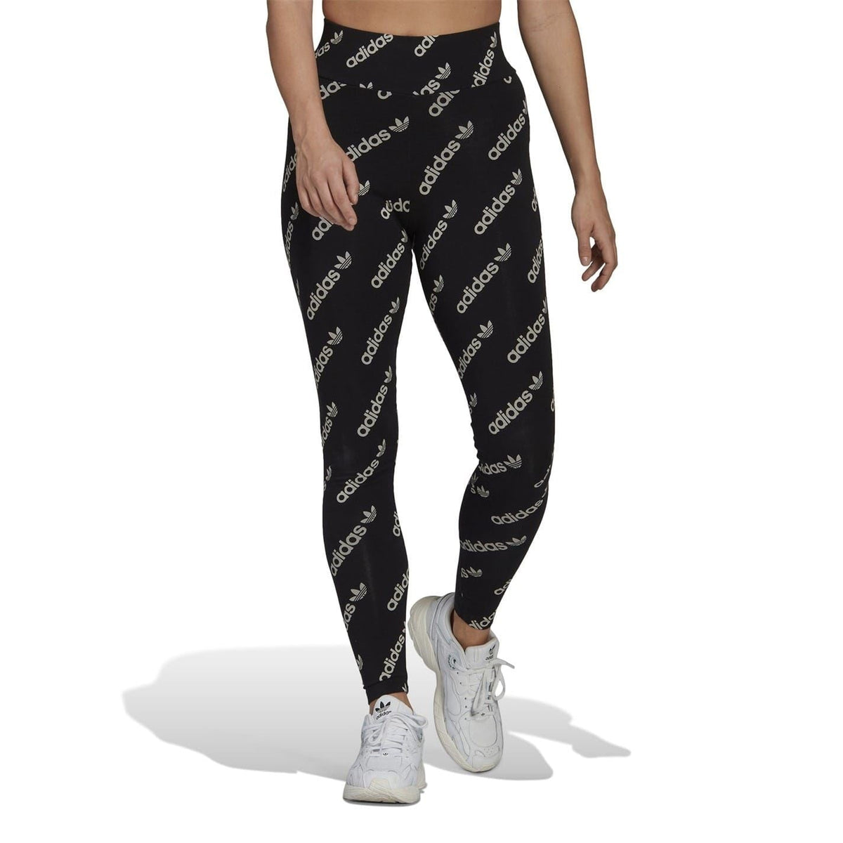 Black leggings with scattered adidas logo print and ankle-length slim fit