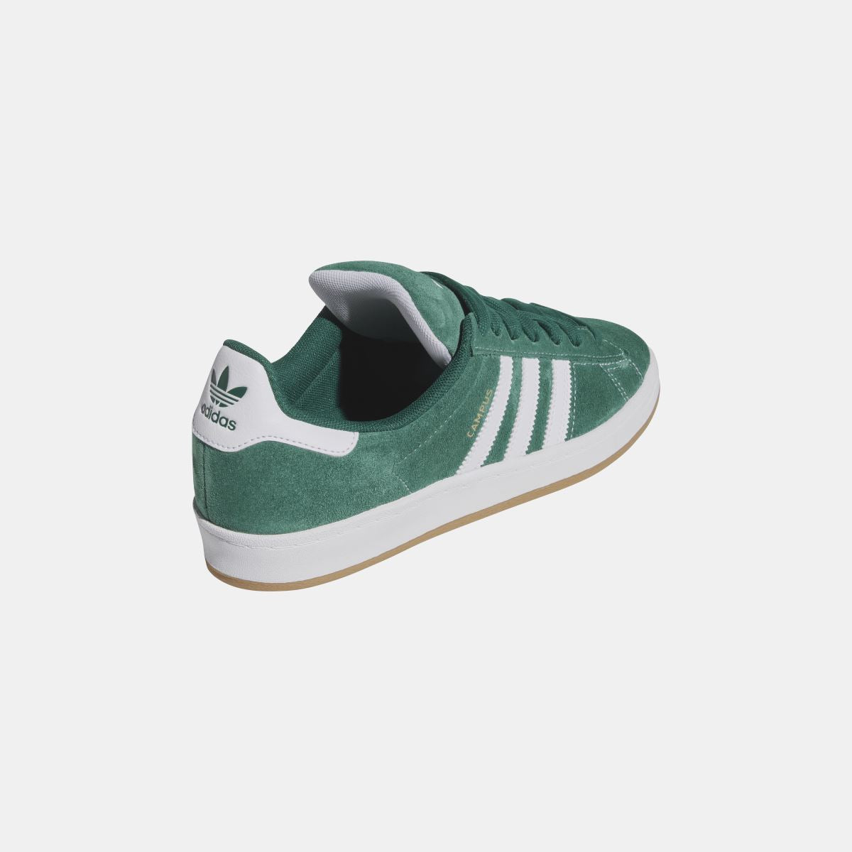 adidas Originals Campus ADV shoes, dark green suede with white heel logo and gum sole