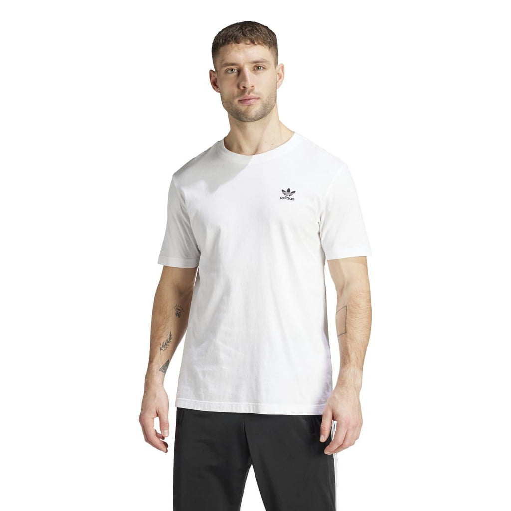 White crew-neck T-shirt with small adidas logo on left chest and short sleeves