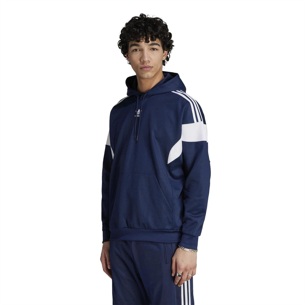 Navy hooded pullover sweatshirt with white shoulder stripes and drawstring hood
