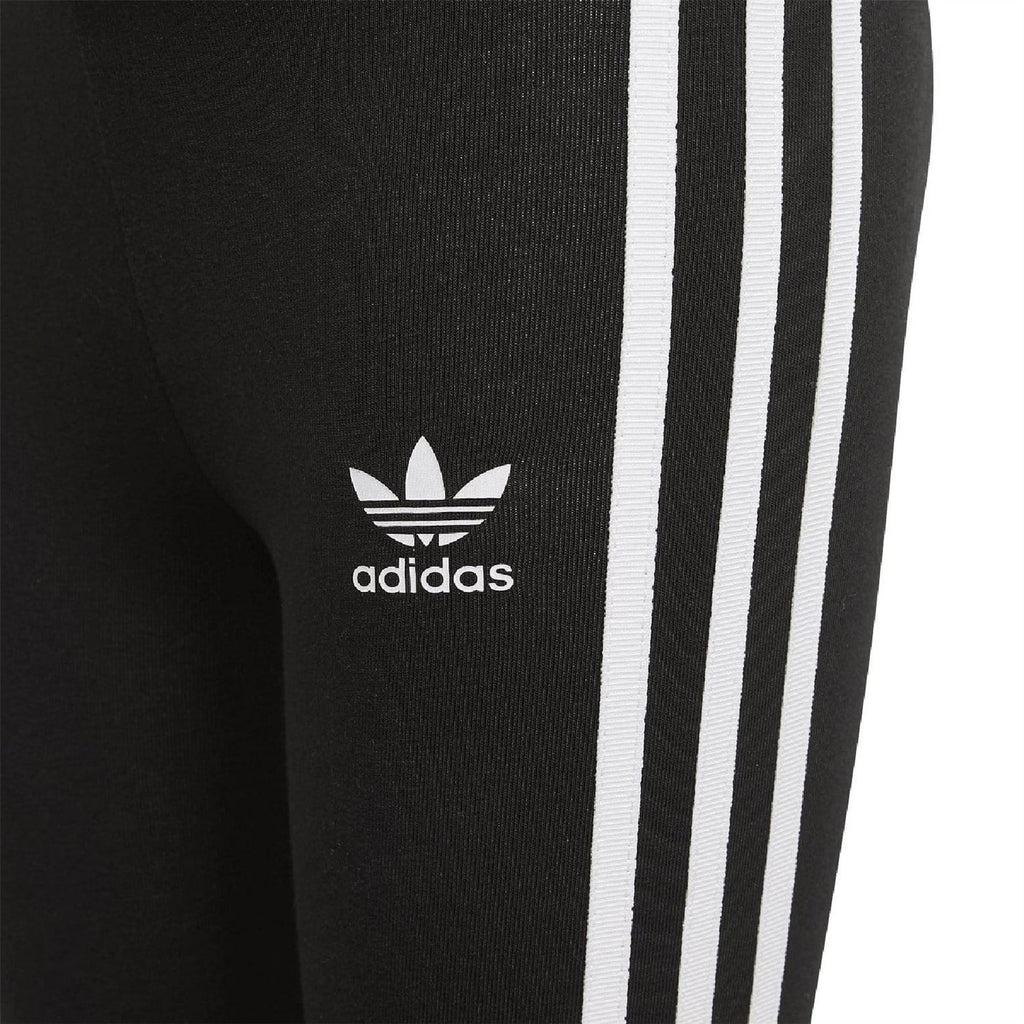 Black adidas leggings with white trefoil logo and three stripe detail