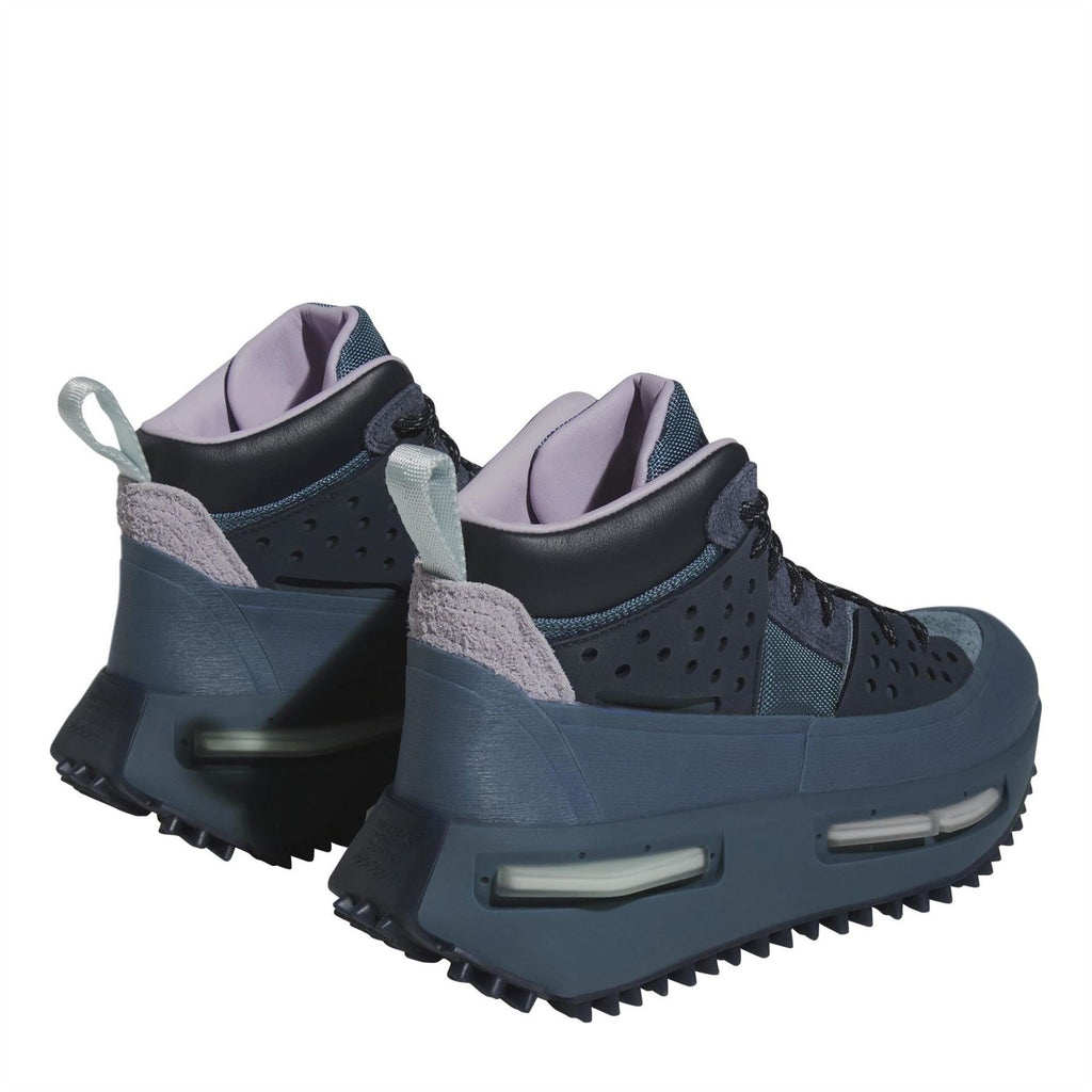 Pair of Altered Blue sneakers with perforations, black laces, and chunky tread sole