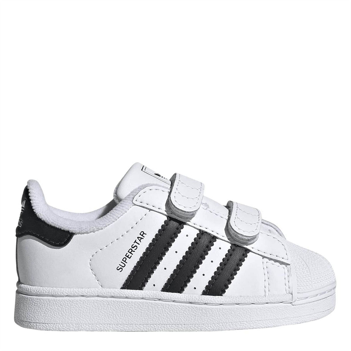 White leather low-top sneakers with black three stripes and hook-and-loop straps