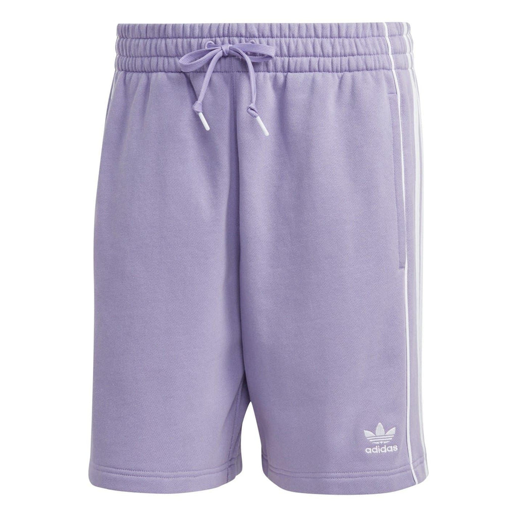 Lavender adidas athletic shorts with elastic waistband, drawstring, and side stripe