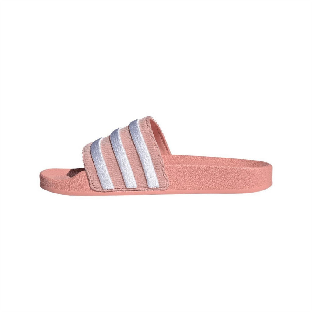 Mauve adidas Adilette slide sandals side view with three striped cross straps