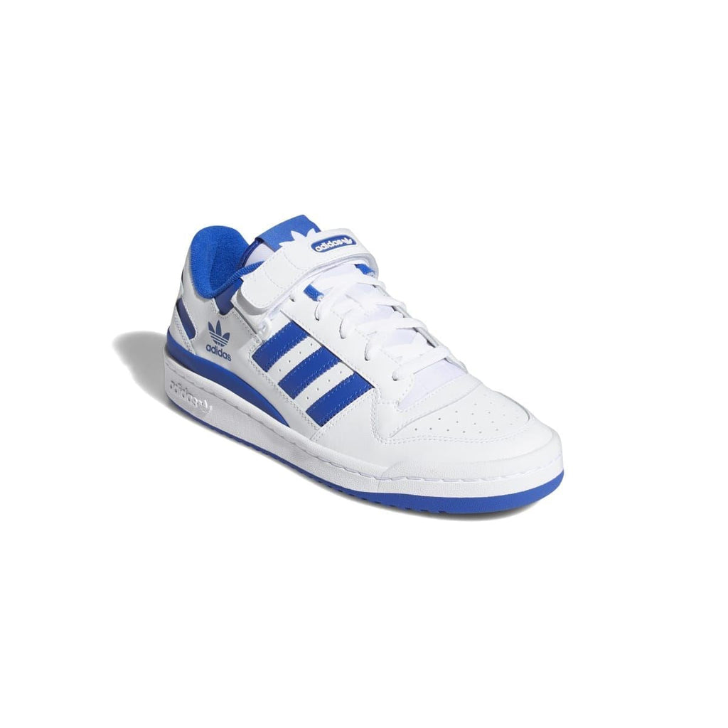 White and blue low-top trainers with lace-up front and side three stripes
