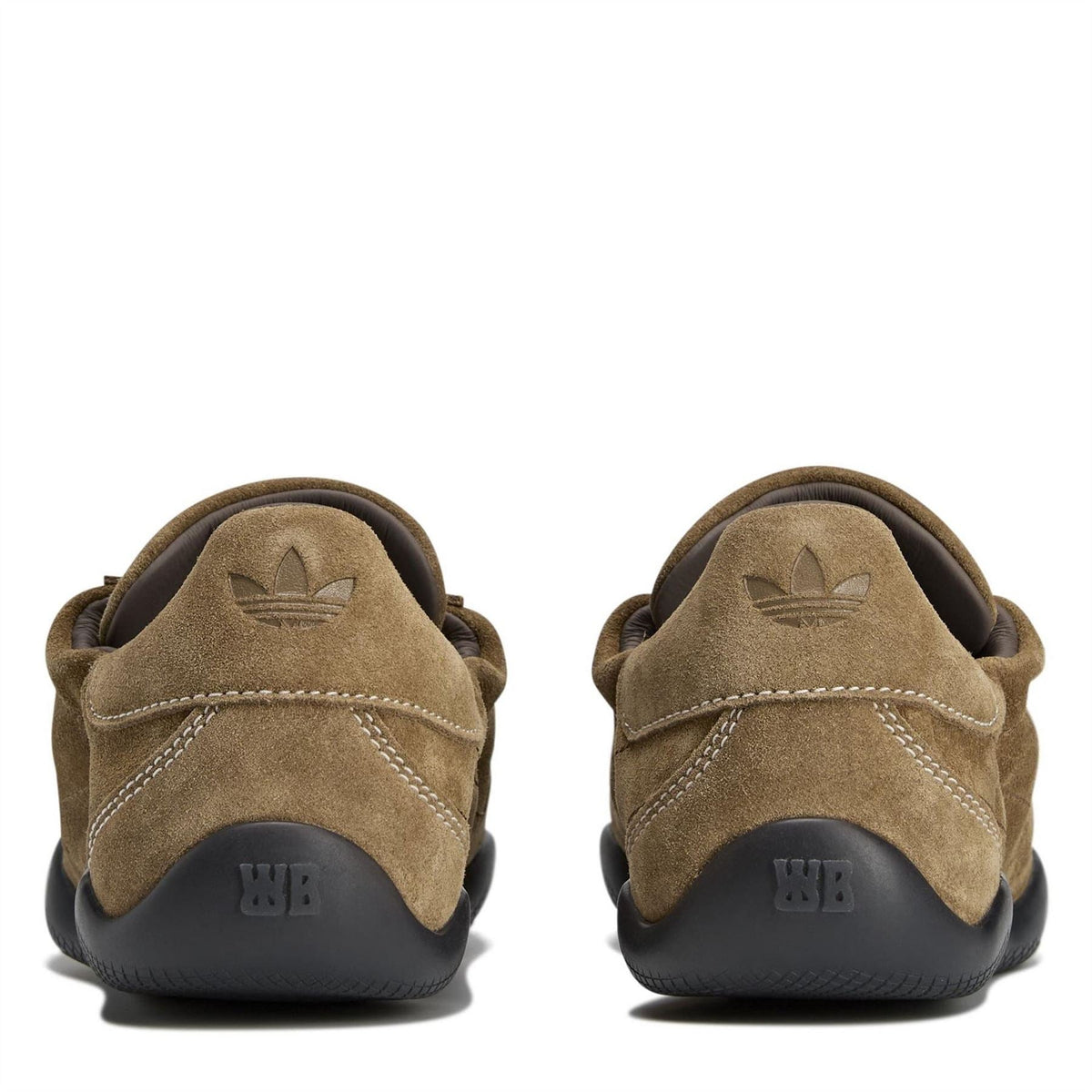 adidas Originals suede sneakers, back view with adidas trefoil and black heel sole