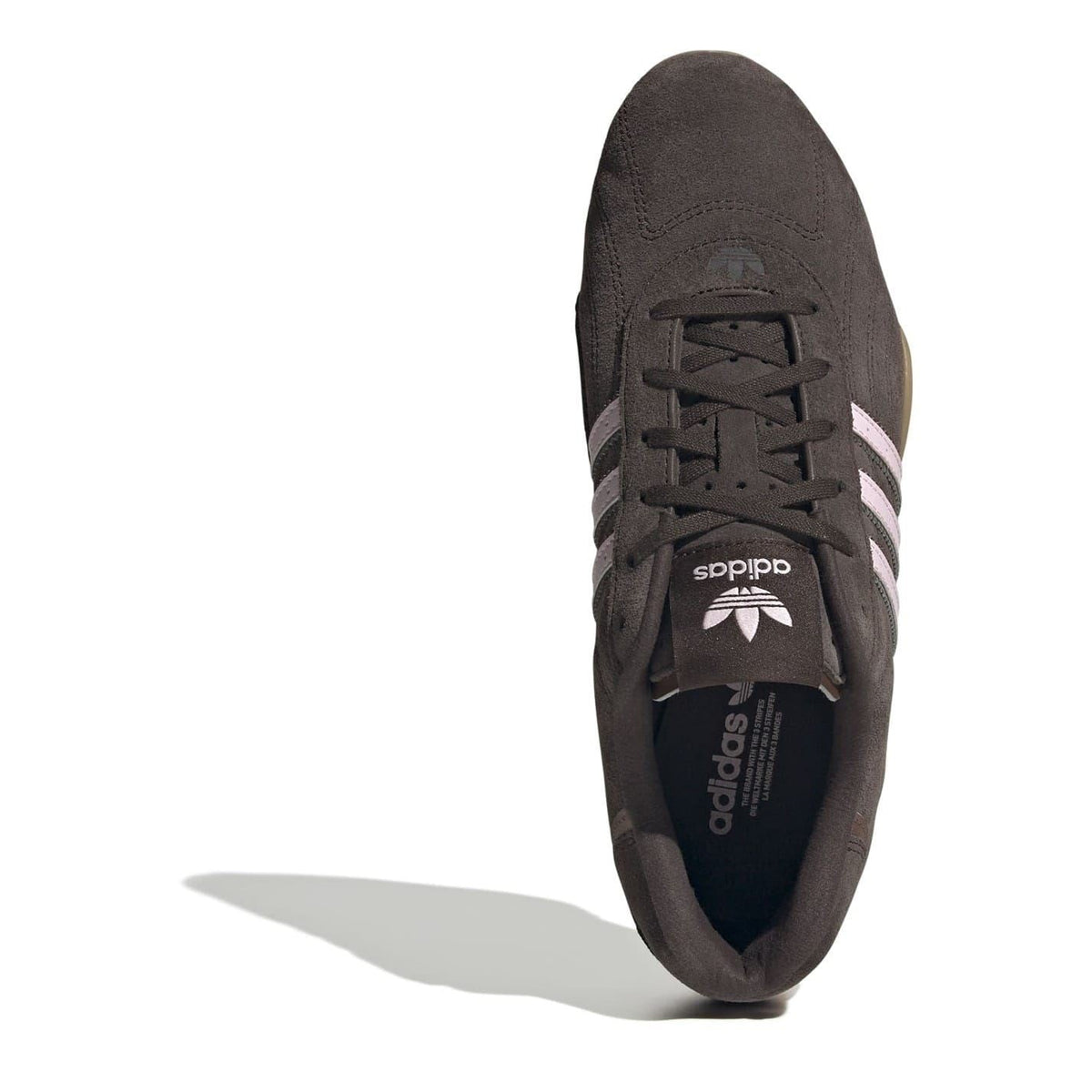 Dark brown lace-up low-top sneakers with branded tongue tag and three-striped design